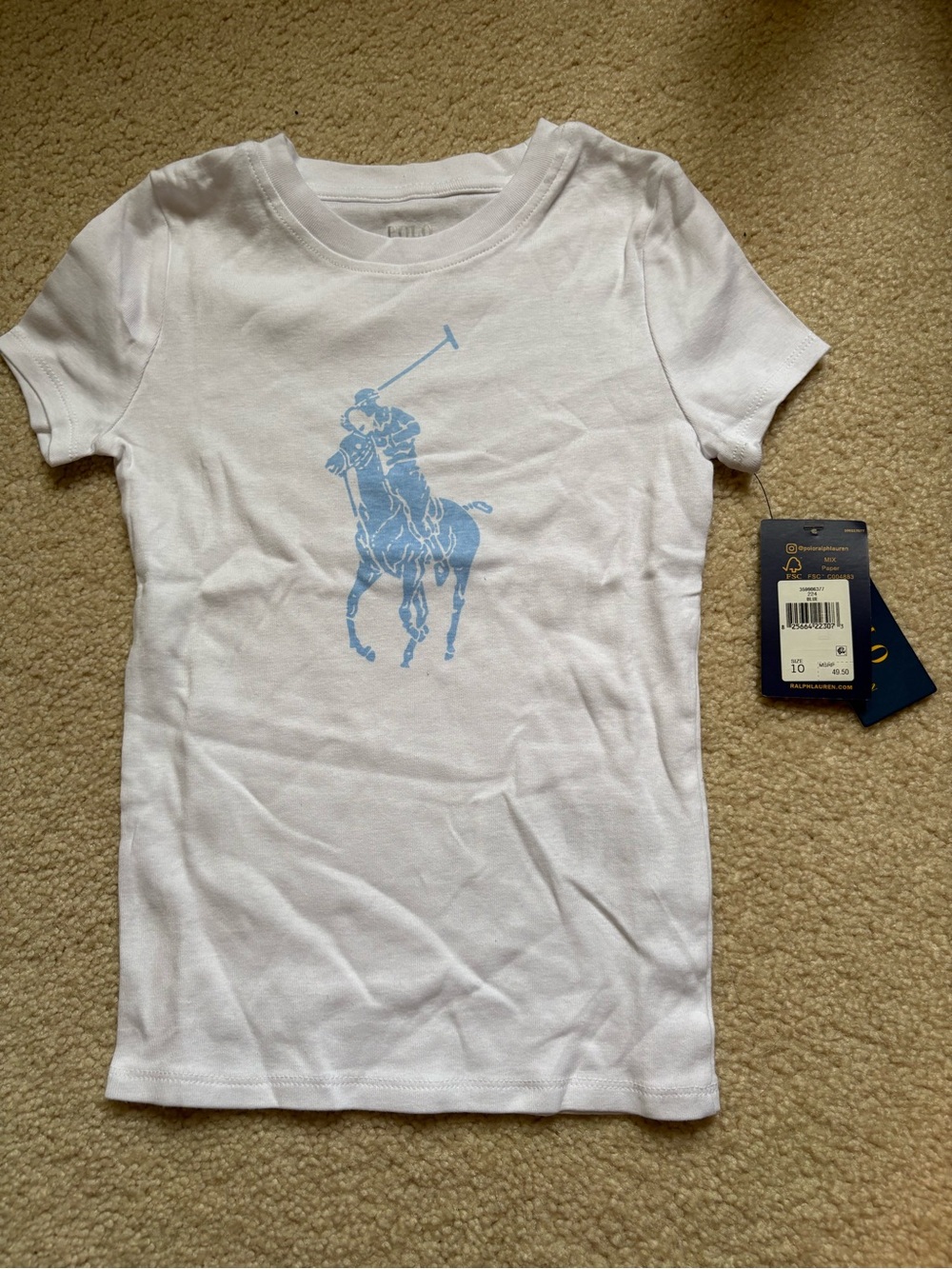 NEW Ralph Lauren Kids White T-Shirt with Light Blue Polo Logo